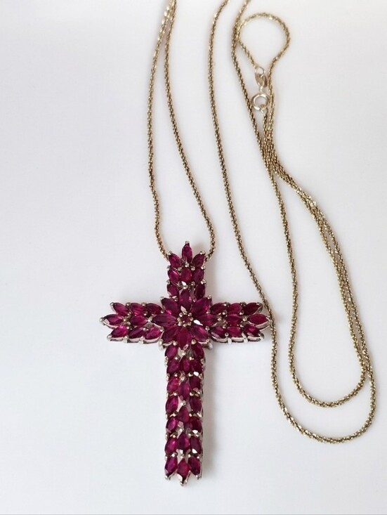 Gem Treasures Jewelry - Genuine 10.40 CT Rhodolite Garnet Cross Platinum Sterling Silver 24" Chain!